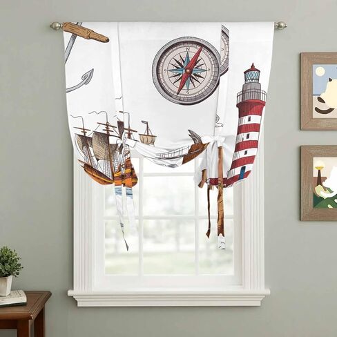 Nautical Lighthouses Tie Up Curtains for Window, Ocean Ship Anchors Seashells Birds Thermal Insulated Balloon Shade Adjustable Rod Pocket Curtains Valance Panels for Kitchen Bathroom Café 42'' x 45'' in Saudi Arabia