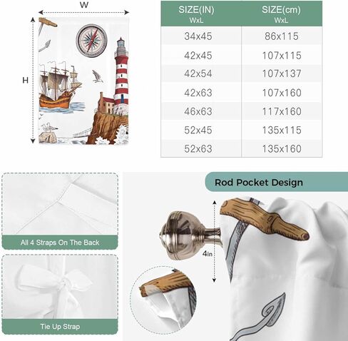 Nautical Lighthouses Tie Up Curtains for Window, Ocean Ship Anchors Seashells Birds Thermal Insulated Balloon Shade Adjustable Rod Pocket Curtains Valance Panels for Kitchen Bathroom Café 42'' x 45'' in Saudi Arabia