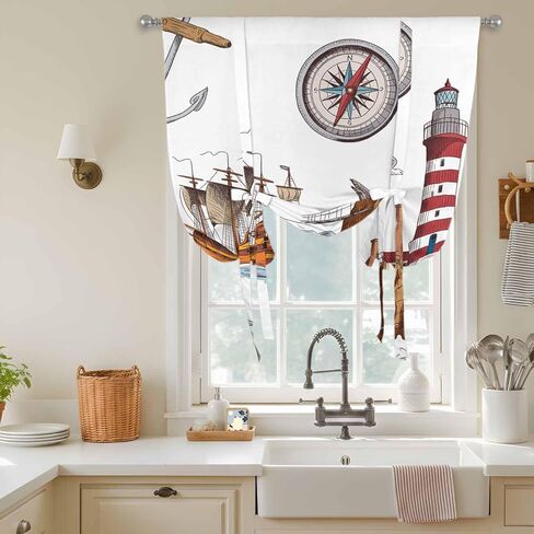 Nautical Lighthouses Tie Up Curtains for Window, Ocean Ship Anchors Seashells Birds Thermal Insulated Balloon Shade Adjustable Rod Pocket Curtains Valance Panels for Kitchen Bathroom Café 42'' x 45'' in Saudi Arabia