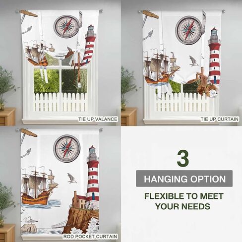 Nautical Lighthouses Tie Up Curtains for Window, Ocean Ship Anchors Seashells Birds Thermal Insulated Balloon Shade Adjustable Rod Pocket Curtains Valance Panels for Kitchen Bathroom Café 42'' x 45'' in Saudi Arabia
