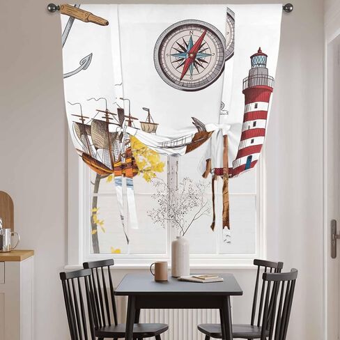 Nautical Lighthouses Tie Up Curtains for Window, Ocean Ship Anchors Seashells Birds Thermal Insulated Balloon Shade Adjustable Rod Pocket Curtains Valance Panels for Kitchen Bathroom Café 42'' x 45'' in Saudi Arabia