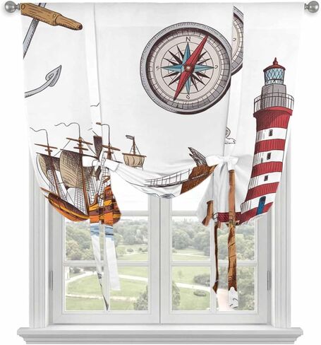 Nautical Lighthouses Tie Up Curtains for Window, Ocean Ship Anchors Seashells Birds Thermal Insulated Balloon Shade Adjustable Rod Pocket Curtains Valance Panels for Kitchen Bathroom Café 42'' x 45'' in Saudi Arabia