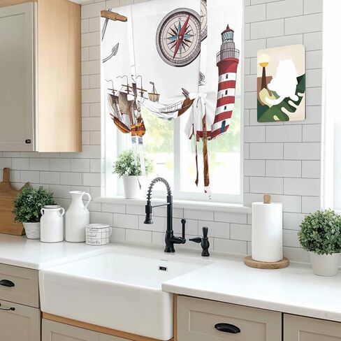 Nautical Lighthouses Tie Up Curtains for Window, Ocean Ship Anchors Seashells Birds Thermal Insulated Balloon Shade Adjustable Rod Pocket Curtains Valance Panels for Kitchen Bathroom Café 42'' x 45'' in Saudi Arabia
