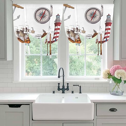 Nautical Lighthouses Tie Up Curtains for Window, Ocean Ship Anchors Seashells Birds Thermal Insulated Balloon Shade Adjustable Rod Pocket Curtains Valance Panels for Kitchen Bathroom Café 42'' x 45'' in Saudi Arabia