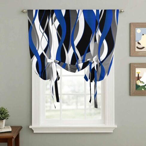 Blue Black Stripes Tie Up Curtains for Window, Modern Abstract Ombre Grey White Lines Thermal Balloon Shade Adjustable Rod Pocket Curtains Valance Panels for Kitchen Bathroom Café 34'' x 45'' in Saudi Arabia
