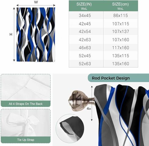 Blue Black Stripes Tie Up Curtains for Window, Modern Abstract Ombre Grey White Lines Thermal Balloon Shade Adjustable Rod Pocket Curtains Valance Panels for Kitchen Bathroom Café 34'' x 45'' in Saudi Arabia