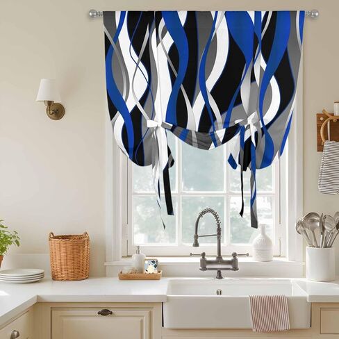 Blue Black Stripes Tie Up Curtains for Window, Modern Abstract Ombre Grey White Lines Thermal Balloon Shade Adjustable Rod Pocket Curtains Valance Panels for Kitchen Bathroom Café 34'' x 45'' in Saudi Arabia