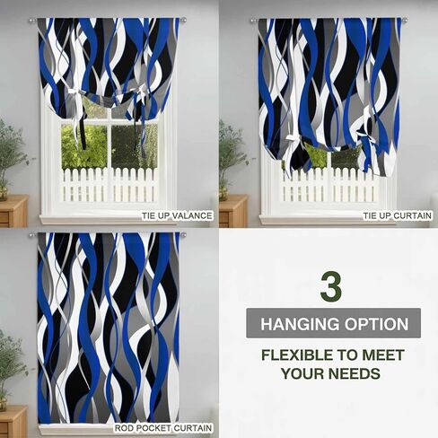 Blue Black Stripes Tie Up Curtains for Window, Modern Abstract Ombre Grey White Lines Thermal Balloon Shade Adjustable Rod Pocket Curtains Valance Panels for Kitchen Bathroom Café 34'' x 45'' in Saudi Arabia