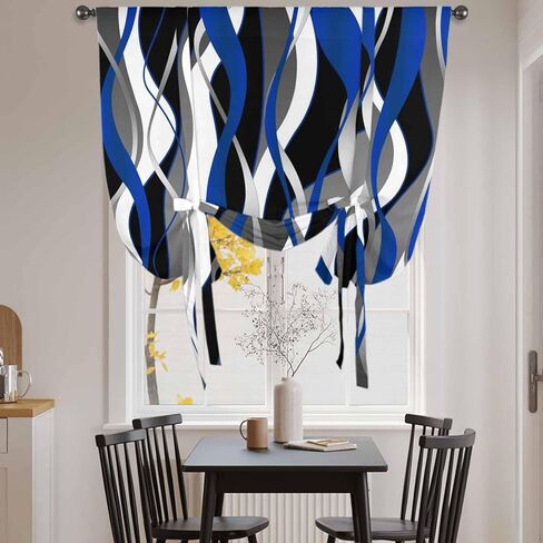 Blue Black Stripes Tie Up Curtains for Window, Modern Abstract Ombre Grey White Lines Thermal Balloon Shade Adjustable Rod Pocket Curtains Valance Panels for Kitchen Bathroom Café 34'' x 45'' in Saudi Arabia