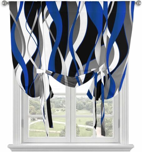Blue Black Stripes Tie Up Curtains for Window, Modern Abstract Ombre Grey White Lines Thermal Balloon Shade Adjustable Rod Pocket Curtains Valance Panels for Kitchen Bathroom Café 34'' x 45'' in Saudi Arabia