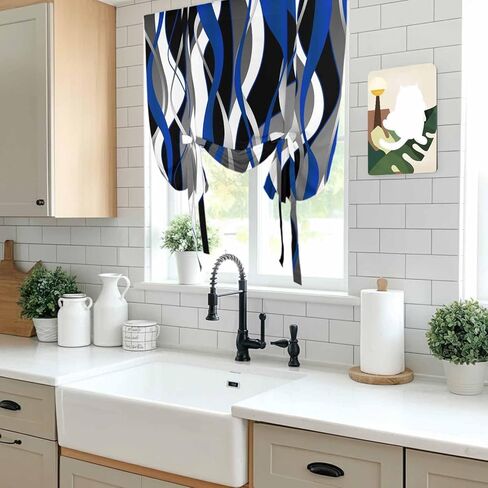 Blue Black Stripes Tie Up Curtains for Window, Modern Abstract Ombre Grey White Lines Thermal Balloon Shade Adjustable Rod Pocket Curtains Valance Panels for Kitchen Bathroom Café 34'' x 45'' in Saudi Arabia