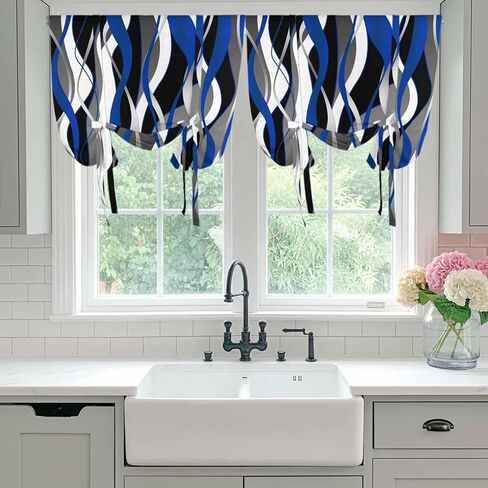 Blue Black Stripes Tie Up Curtains for Window, Modern Abstract Ombre Grey White Lines Thermal Balloon Shade Adjustable Rod Pocket Curtains Valance Panels for Kitchen Bathroom Café 34'' x 45'' in Saudi Arabia