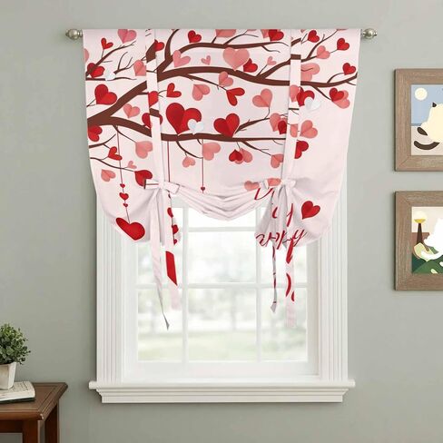 Mother's Day Tie Up Curtains for Window, Romance Love Tree Branches Pink Thermal Insulated Balloon Shade Adjustable Rod Pocket Curtains Valance Panels for Kitchen Bathroom Café 52'' x 45'' in Saudi Arabia
