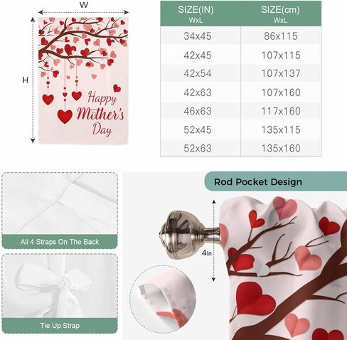 Mother's Day Tie Up Curtains for Window, Romance Love Tree Branches Pink Thermal Insulated Balloon Shade Adjustable Rod Pocket Curtains Valance Panels for Kitchen Bathroom Café 52'' x 45'' in Saudi Arabia