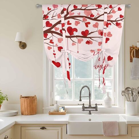 Mother's Day Tie Up Curtains for Window, Romance Love Tree Branches Pink Thermal Insulated Balloon Shade Adjustable Rod Pocket Curtains Valance Panels for Kitchen Bathroom Café 52'' x 45'' in Saudi Arabia