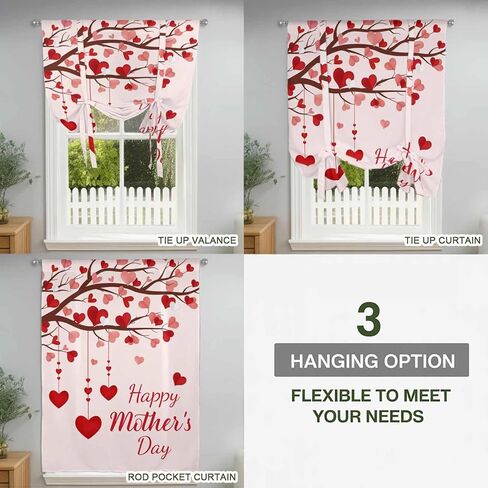 Mother's Day Tie Up Curtains for Window, Romance Love Tree Branches Pink Thermal Insulated Balloon Shade Adjustable Rod Pocket Curtains Valance Panels for Kitchen Bathroom Café 52'' x 45'' in Saudi Arabia