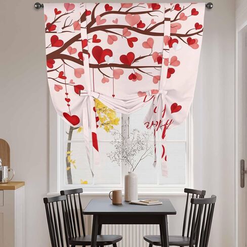 Mother's Day Tie Up Curtains for Window, Romance Love Tree Branches Pink Thermal Insulated Balloon Shade Adjustable Rod Pocket Curtains Valance Panels for Kitchen Bathroom Café 52'' x 45'' in Saudi Arabia