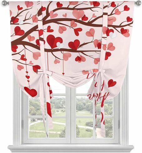 Mother's Day Tie Up Curtains for Window, Romance Love Tree Branches Pink Thermal Insulated Balloon Shade Adjustable Rod Pocket Curtains Valance Panels for Kitchen Bathroom Café 52'' x 45'' in Saudi Arabia
