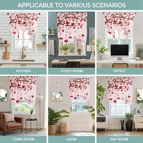 Mother's Day Tie Up Curtains for Window, Romance Love Tree Branches Pink Thermal Insulated Balloon Shade Adjustable Rod Pocket Curtains Valance Panels for Kitchen Bathroom Café 52'' x 45'' in Saudi Arabia