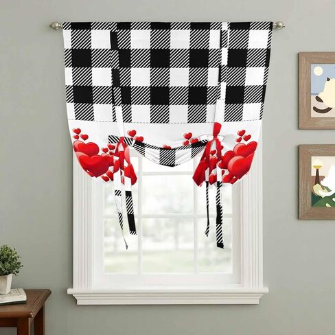 Valentine's Day Tie Up Curtains for Window, Red Loves Romantic Black White Plaid Thermal Insulated Balloon Shade Adjustable Rod Pocket Curtains Valance Panels for Kitchen Bathroom Café 52'' x 63'' in Saudi Arabia
