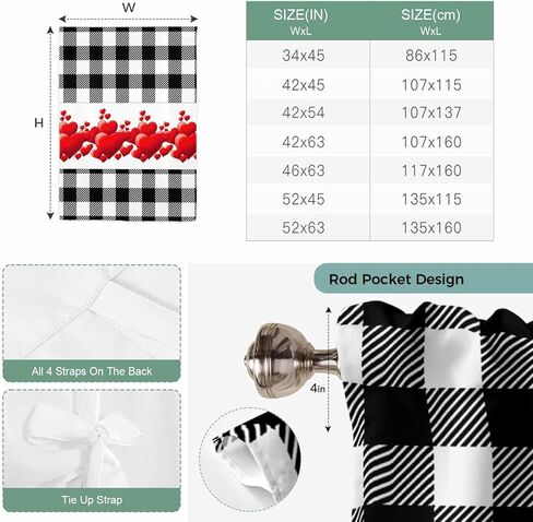 Valentine's Day Tie Up Curtains for Window, Red Loves Romantic Black White Plaid Thermal Insulated Balloon Shade Adjustable Rod Pocket Curtains Valance Panels for Kitchen Bathroom Café 52'' x 63'' in Saudi Arabia
