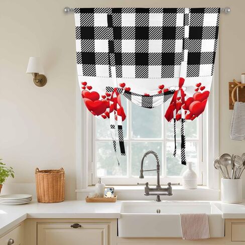 Valentine's Day Tie Up Curtains for Window, Red Loves Romantic Black White Plaid Thermal Insulated Balloon Shade Adjustable Rod Pocket Curtains Valance Panels for Kitchen Bathroom Café 52'' x 63'' in Saudi Arabia