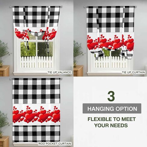 Valentine's Day Tie Up Curtains for Window, Red Loves Romantic Black White Plaid Thermal Insulated Balloon Shade Adjustable Rod Pocket Curtains Valance Panels for Kitchen Bathroom Café 52'' x 63'' in Saudi Arabia