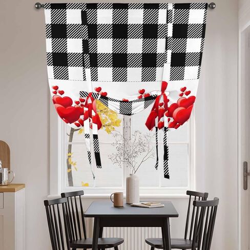 Valentine's Day Tie Up Curtains for Window, Red Loves Romantic Black White Plaid Thermal Insulated Balloon Shade Adjustable Rod Pocket Curtains Valance Panels for Kitchen Bathroom Café 52'' x 63'' in Saudi Arabia