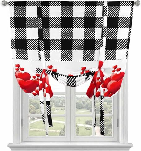 Valentine's Day Tie Up Curtains for Window, Red Loves Romantic Black White Plaid Thermal Insulated Balloon Shade Adjustable Rod Pocket Curtains Valance Panels for Kitchen Bathroom Café 52'' x 63'' in Saudi Arabia