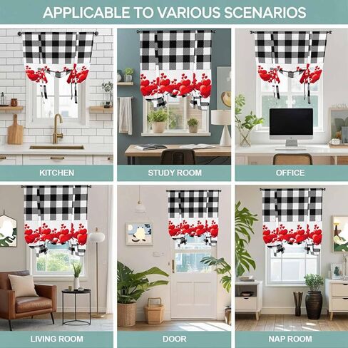 Valentine's Day Tie Up Curtains for Window, Red Loves Romantic Black White Plaid Thermal Insulated Balloon Shade Adjustable Rod Pocket Curtains Valance Panels for Kitchen Bathroom Café 52'' x 63'' in Saudi Arabia