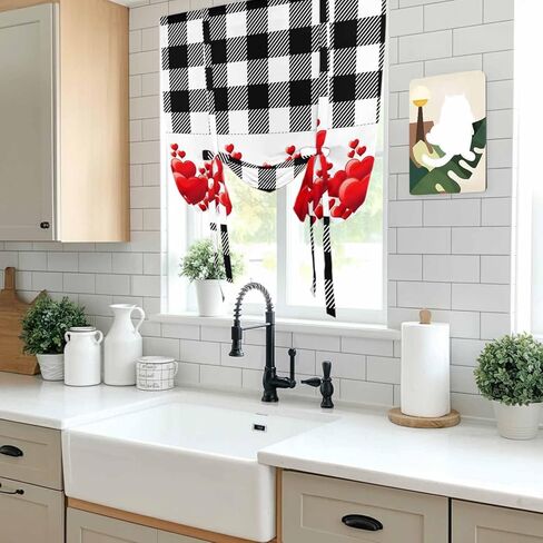 Valentine's Day Tie Up Curtains for Window, Red Loves Romantic Black White Plaid Thermal Insulated Balloon Shade Adjustable Rod Pocket Curtains Valance Panels for Kitchen Bathroom Café 52'' x 63'' in Saudi Arabia