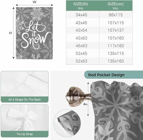 Snowflakes Tie Up Curtains for Window, Grey Snow Winter Retro Abstract Art Thermal Insulated Balloon Shade Adjustable Rod Pocket Curtains Valance Panels for Kitchen Bathroom Café 46'' x 63'' in Saudi Arabia