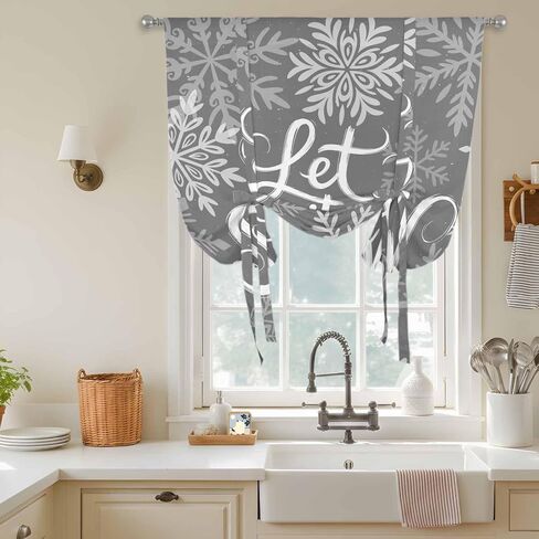 Snowflakes Tie Up Curtains for Window, Grey Snow Winter Retro Abstract Art Thermal Insulated Balloon Shade Adjustable Rod Pocket Curtains Valance Panels for Kitchen Bathroom Café 46'' x 63'' in Saudi Arabia