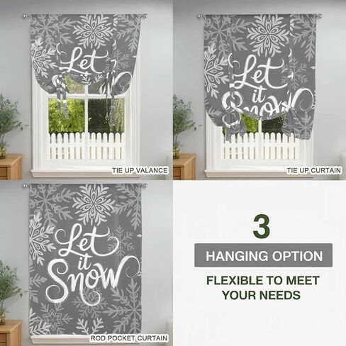 Snowflakes Tie Up Curtains for Window, Grey Snow Winter Retro Abstract Art Thermal Insulated Balloon Shade Adjustable Rod Pocket Curtains Valance Panels for Kitchen Bathroom Café 46'' x 63'' in Saudi Arabia