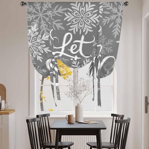 Snowflakes Tie Up Curtains for Window, Grey Snow Winter Retro Abstract Art Thermal Insulated Balloon Shade Adjustable Rod Pocket Curtains Valance Panels for Kitchen Bathroom Café 46'' x 63'' in Saudi Arabia