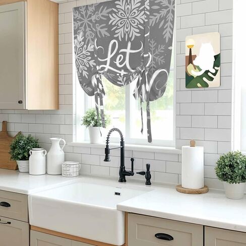 Snowflakes Tie Up Curtains for Window, Grey Snow Winter Retro Abstract Art Thermal Insulated Balloon Shade Adjustable Rod Pocket Curtains Valance Panels for Kitchen Bathroom Café 46'' x 63'' in Saudi Arabia