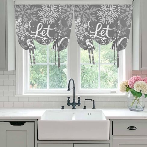 Snowflakes Tie Up Curtains for Window, Grey Snow Winter Retro Abstract Art Thermal Insulated Balloon Shade Adjustable Rod Pocket Curtains Valance Panels for Kitchen Bathroom Café 46'' x 63'' in Saudi Arabia