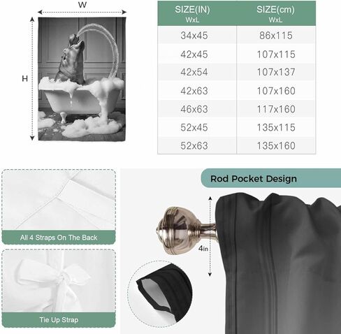 Hippo Tie Up Curtains for Window, Funny Animal Bathtub Abstract Art Grey Thermal Insulated Balloon Shade Adjustable Rod Pocket Curtains Valance Panels for Kitchen Bathroom Café 52'' x 63'' in Saudi Arabia