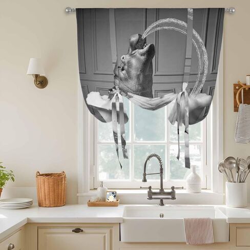 Hippo Tie Up Curtains for Window, Funny Animal Bathtub Abstract Art Grey Thermal Insulated Balloon Shade Adjustable Rod Pocket Curtains Valance Panels for Kitchen Bathroom Café 52'' x 63'' in Saudi Arabia