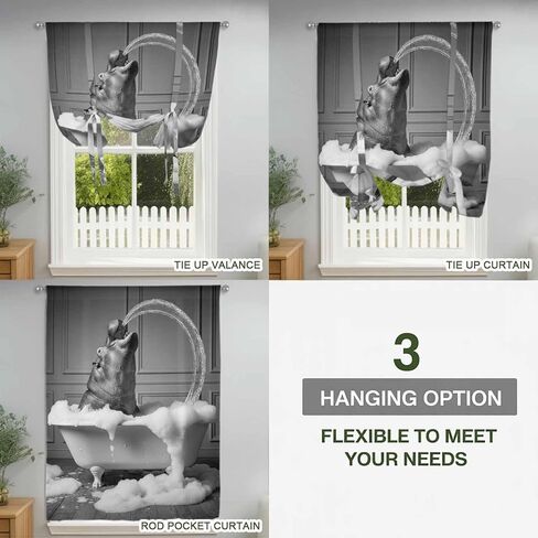 Hippo Tie Up Curtains for Window, Funny Animal Bathtub Abstract Art Grey Thermal Insulated Balloon Shade Adjustable Rod Pocket Curtains Valance Panels for Kitchen Bathroom Café 52'' x 63'' in Saudi Arabia
