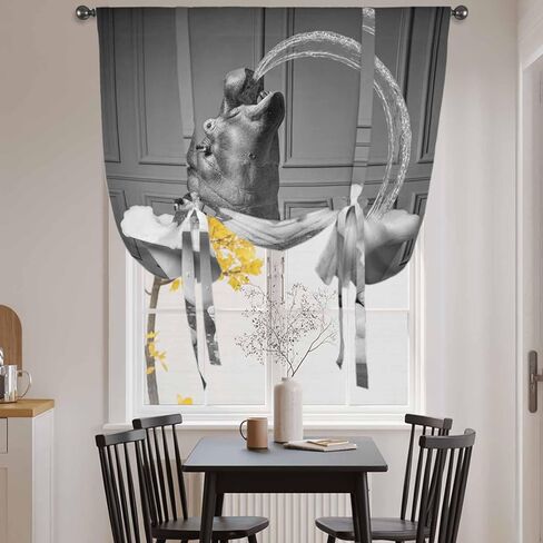 Hippo Tie Up Curtains for Window, Funny Animal Bathtub Abstract Art Grey Thermal Insulated Balloon Shade Adjustable Rod Pocket Curtains Valance Panels for Kitchen Bathroom Café 52'' x 63'' in Saudi Arabia