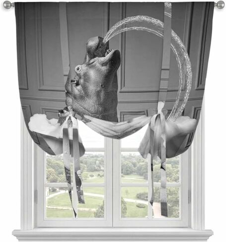 Hippo Tie Up Curtains for Window, Funny Animal Bathtub Abstract Art Grey Thermal Insulated Balloon Shade Adjustable Rod Pocket Curtains Valance Panels for Kitchen Bathroom Café 52'' x 63'' in Saudi Arabia