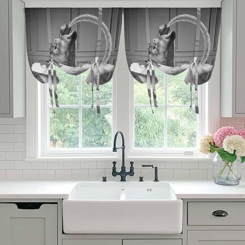 Hippo Tie Up Curtains for Window, Funny Animal Bathtub Abstract Art Grey Thermal Insulated Balloon Shade Adjustable Rod Pocket Curtains Valance Panels for Kitchen Bathroom Café 52'' x 63'' in Saudi Arabia