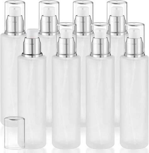 8 Pcs 120ml/4oz Frosted Glass Bottles Refillable Pump Dispenser Jar Travel Lotion Vials with Plastic Pump Head for Toiletry Liquid Foundation Cream Cosmetic Samples - Silver in Saudi Arabia