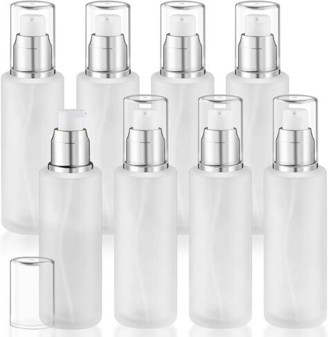8 Pcs 120ml/4oz Frosted Glass Bottles Refillable Pump Dispenser Jar Travel Lotion Vials with Plastic Pump Head for Toiletry Liquid Foundation Cream Cosmetic Samples - Silver in Saudi Arabia
