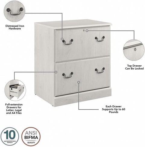 خزانة ملفات جانبية من Bush Furniture Saratoga ذات درجين في حصاد الكرز، صندوق تخزين المستندات للمكتب المنزلي، كتان أبيض in Kuwait