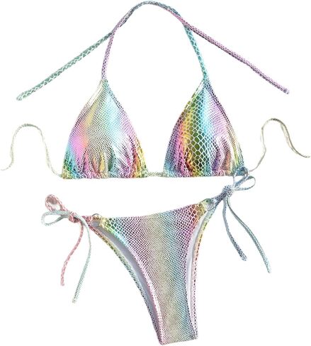 Verdusa Women's 2 Piece Metallic Halter String Bikini Set Cheeky High Cut Swimsuits in Saudi Arabia