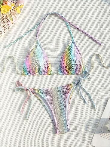 Verdusa Women's 2 Piece Metallic Halter String Bikini Set Cheeky High Cut Swimsuits in Saudi Arabia