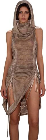 Hoodie Dress for Women Sexy Mock Neck Ruched Drawstring Split Sleeveless Bodycon Midi Dresses in Kuwait