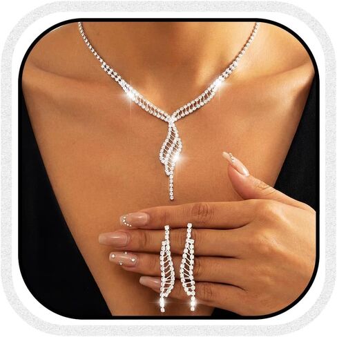 TWINKLEDE Rhinestone Necklace and Earrings Set Silver Crystal Necklaces Prom Bridal Wedding Jewelry Sets for Women in Kuwait